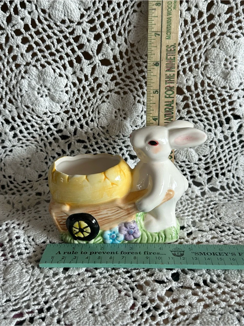 Vintage White Ceramic Bunny Planter with Yellow Egg Cart Wheel, Easter, Spring